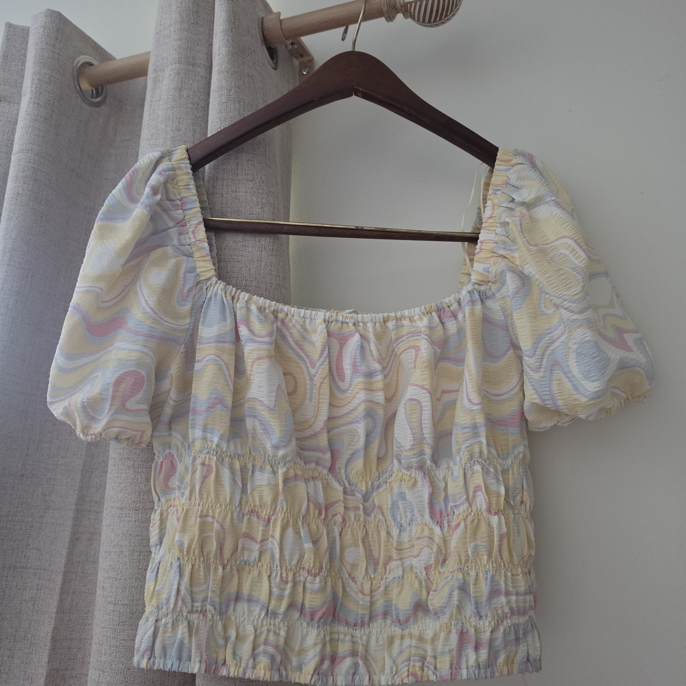 Elodie Pastel Swirl Smocked Puff Sleeve Crop Top